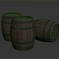 Three Wooden Barrels with Metal Hoops for Household Storage and Decorative Use