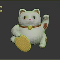 White Lucky Cat Holding Yellow Coin with Red Ears Paws Collar and Gold Bell