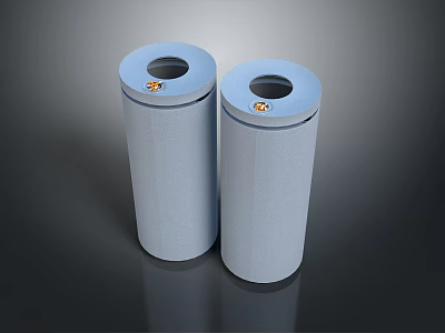 Two Light Blue Cylindrical Weapons With Top Circular Openings And Side Logos 3d model