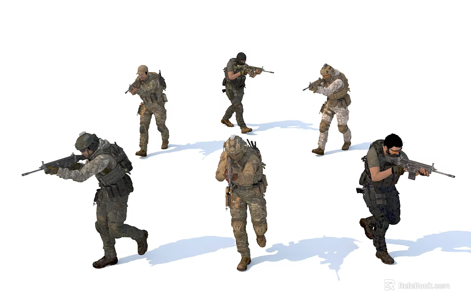 Military Men In Combat Uniforms Holding Rifles Running In Action Poses 3d model 