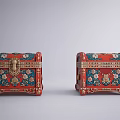 Red Decorative Chest With Blue And Gold Floral Patterns Ornate Lock And Carved Feet
