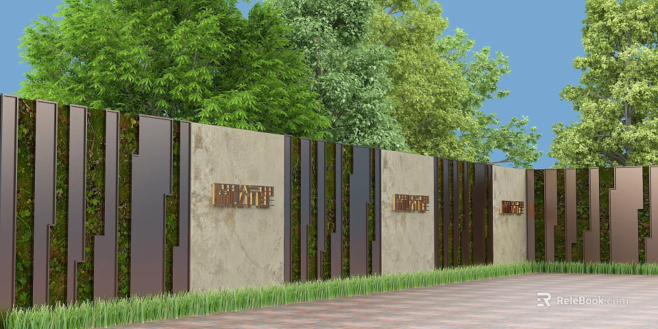 Modern Building Exterior Wall Featuring Concrete Vertical Metal Strips Brass Lettering And Lush Green Trees 3d model 