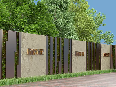 Modern Building Exterior Wall Featuring Concrete Vertical Metal Strips Brass Lettering And Lush Green Trees 3d model