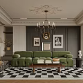 Elegant Modern Living Room Interior With Green Sofa Black And White Checkerboard Rug And Chandelier