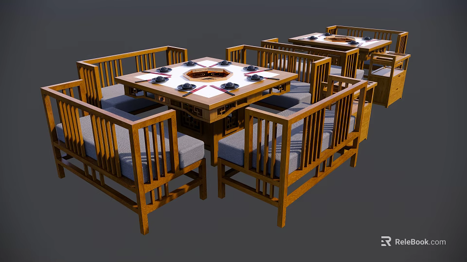 Chinese Style Wooden Dining Table Set With Square Table And Bench Seats 3d model