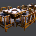 Chinese Style Wooden Dining Table Set With Square Table And Bench Seats 3d model