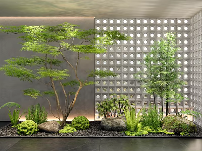 Serene Indoor Landscape With Green Trees Decorative Stones And Circular Partition Wall Lighting 3d model