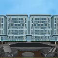 Modern Multi Story Residential Building With Water Pool Outdoor Seating And Trees