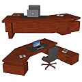 Wooden L Shaped Office Desk With Laptop Documents Drawers Compartments And Office Chair