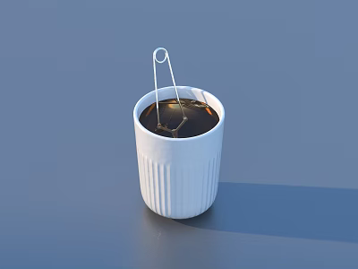 Ribbed White Ceramic Cup For Daily Use With Dark Liquid And Metal Stirrer 3d model