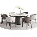 Modern Minimalist Round Dining Table Set with Marble Top Six Chairs and Vase Green Plant