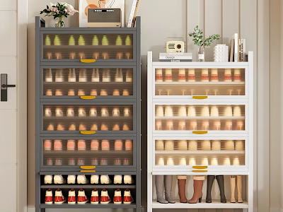Gray and White Multilayer Shoe Cabinet with Multiple Shelves Organizing Various Shoes and Decor Items 3d model