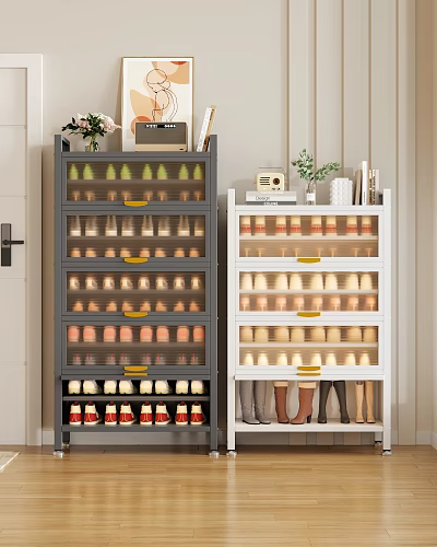 Gray and White Multilayer Shoe Cabinet with Multiple Shelves Organizing Various Shoes and Decor Items 3d model