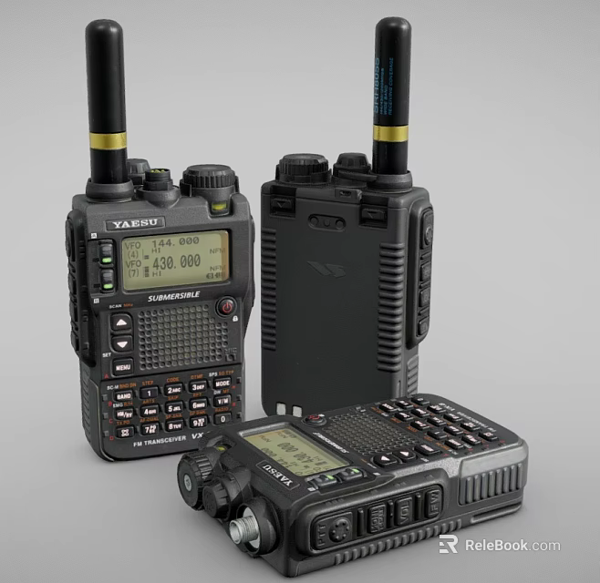 Three Black Walkie Talkies With Digital Screens Antennas And Control Buttons 3d model 