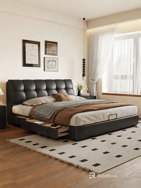 Black Leather Double Bed With Upholstered Headboard Storage Drawers Nightstands And Wall Art 3d model 