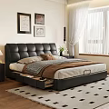 Black Leather Double Bed With Upholstered Headboard Storage Drawers Nightstands And Wall Art