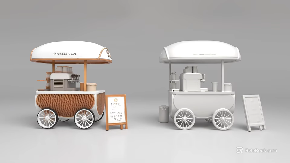 Mobile Food Cart Design With Brown And White Exterior And Signboard 3d model 