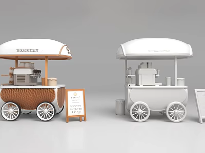 Mobile Food Cart Design With Brown And White Exterior And Signboard 3d model