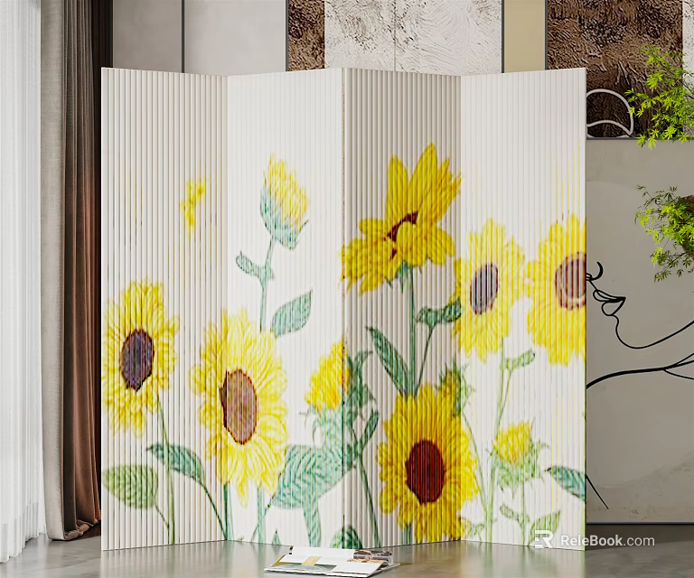 White Foldable Room Divider With Sunflower Pattern For Home Interior Decor 3d model