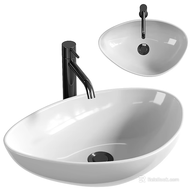 Elegant White Ceramic Bathroom Vessel Sink with Black Modern Faucet Design 3d model 