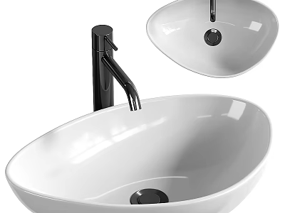 Elegant White Ceramic Bathroom Vessel Sink with Black Modern Faucet Design 3d model