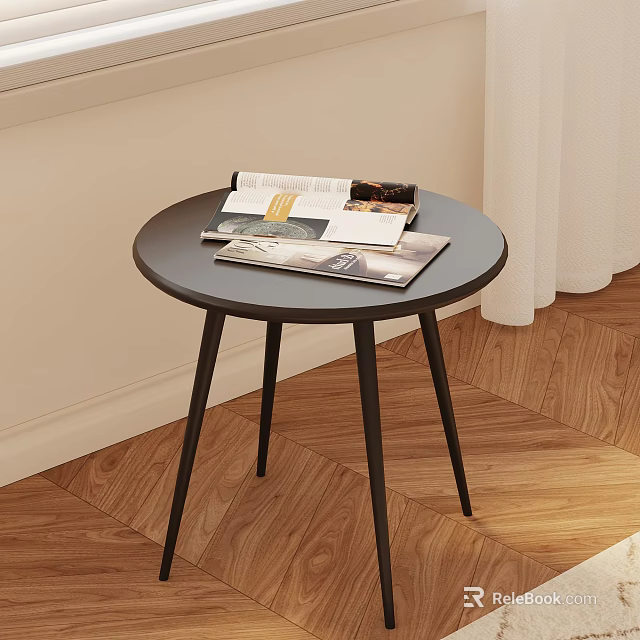 Black Round Side Table with Magazines on Wooden Floor and White Curtain 3d model 