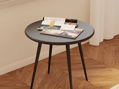 Black Round Side Table with Magazines on Wooden Floor and White Curtain 3d model