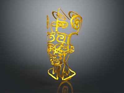 Abstract Golden Animal Head Sculpture with Intricate Spiral Curves and Artistic Design 3d model