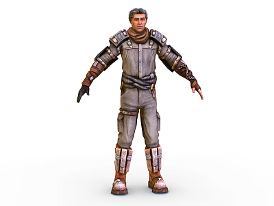 Male Warrior Character In Gray Brown Armored Outfit With Goggles And Protective Gear 3d model