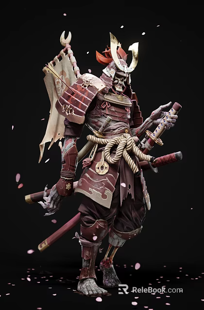 Game And Movie Skeleton Samurai Character Wearing Traditional Armor Holding Swords With Cherry Blossom Petals 3d model 