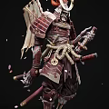 Game And Movie Skeleton Samurai Character Wearing Traditional Armor Holding Swords With Cherry Blossom Petals