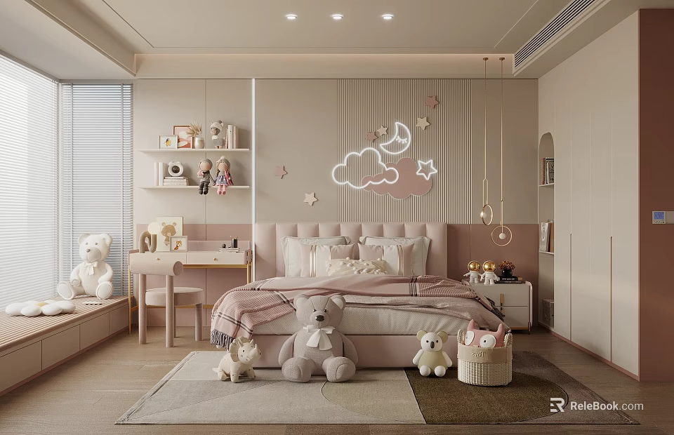 Cozy Kids Room Design With Pink Headboard Stuffed Toys Star Moon Decorations Desk And Rug 3d model 