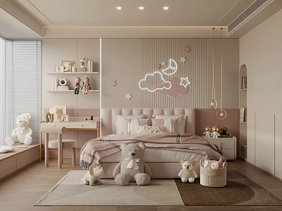 Cozy Kids Room Design With Pink Headboard Stuffed Toys Star Moon Decorations Desk And Rug 3d model