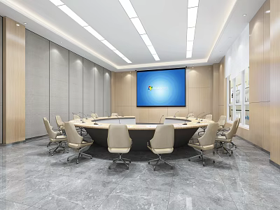 Modern Conference Room With Round Table Large Screen Ceiling Lighting And Chairs 3d model