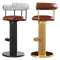 Modern Bar Stools With Gray Faux Fur Brown Leather Seats Black Gold Fluted Bases