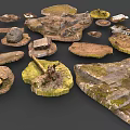 Wood and Stone Natural Materials Featuring Moss Covered Surfaces and Various Shapes