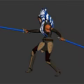 Warrior Character With White Headdress And Orange Skin Wielding Blue Lightsaber In Action Pose