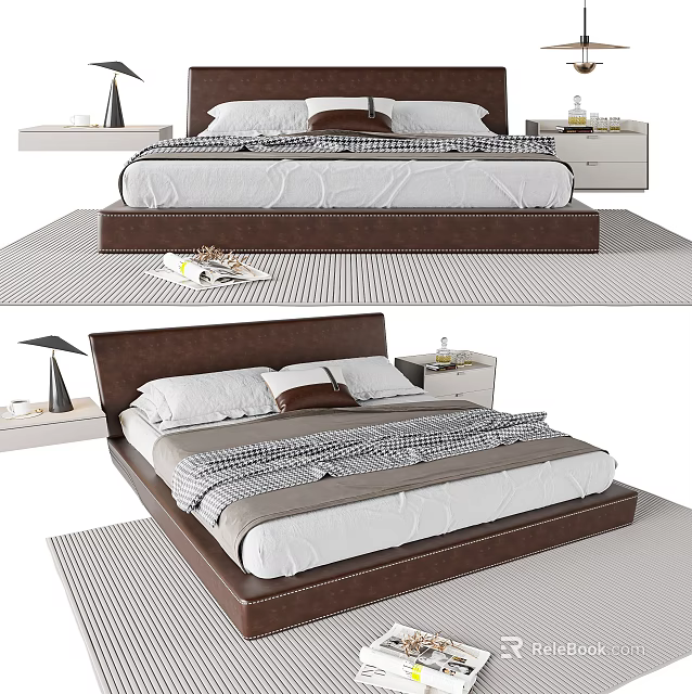 Modern Double Bed With Leather Headboard White Sheets And Nightstand Lamp 3d model