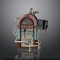 Retro Mechanical Device Featuring Pink Arch Pipes Wooden Panel And Display Screen