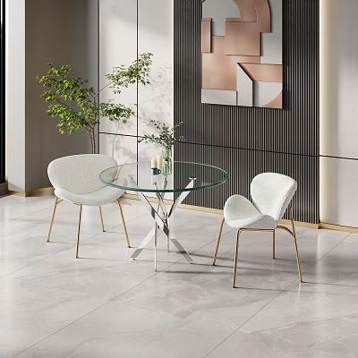 Modern Round Glass Table With White Chairs And Gold Metal Legs Set In Interior 3d model