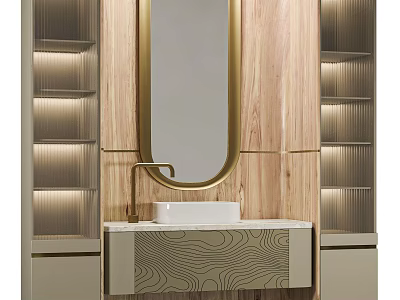 Modern Bathroom Vanity Cabinet with Golden Frame Mirror Wooden Panel and White Sink 3d model