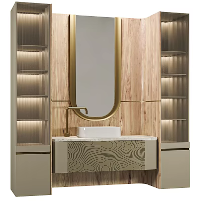 Modern Bathroom Vanity Cabinet with Golden Frame Mirror Wooden Panel and White Sink 3d model
