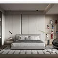 Modern Minimalist Bedroom Interior With Gray Bedding Bedside Table Hanging Lamp And Patterned Rug 3d model