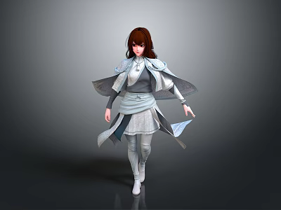 Fantasy Game Movie Character With Brown Hair Gray Cloak White Outfit And Standing Pose 3d model