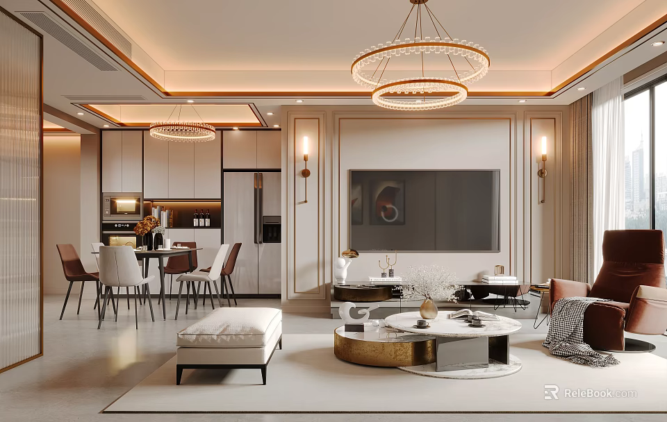Luxurious Living Dining Room Interior With Chandeliers Sofa Dining Table Chairs And TV Wall Decor 3d model 