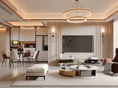 Luxurious Living Dining Room Interior With Chandeliers Sofa Dining Table Chairs And TV Wall Decor 3d model