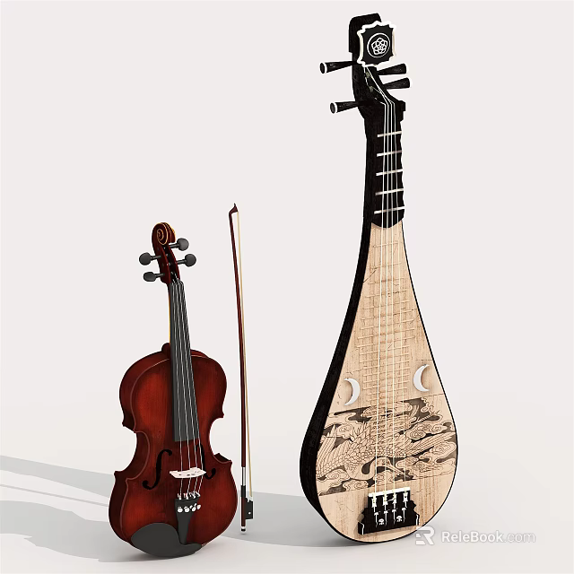 Traditional Musical Instruments Violin Pipa With Bow And Decorative Patterns 3d model 