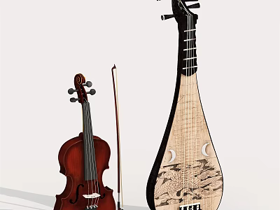 Traditional Musical Instruments Violin Pipa With Bow And Decorative Patterns 3d model