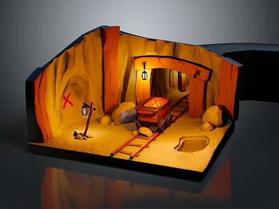 Detailed Miniature Mine Tunnel Scene With Cart Tracks Lanterns And Ore 3d model