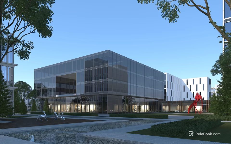 Modern Glass Curtain Wall Office Building With Landscaped Courtyard And Artistic Sculptures 3d model 